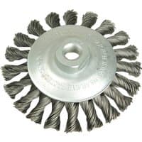 Steel wire conical knot brush with twisted bristles and central threaded hole, by Lessmann.