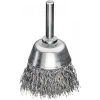 Steel wire cup brush with shank, silver top, dense bristles, 70mm diameter, 25mm height, by Lessmann.