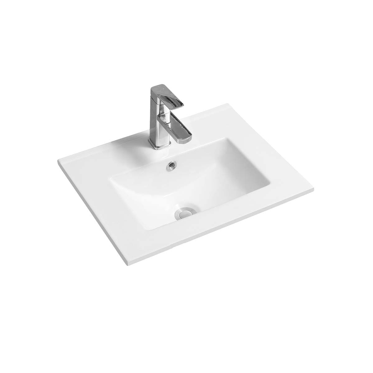 White ceramic 51cm inset basin with a deep scoop design and a thin edge, featuring a sleek chrome faucet and a centered drain hole.
