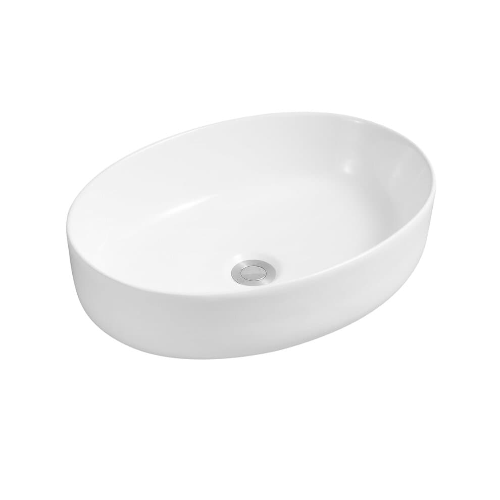 White oval ceramic countertop basin with a smooth, glossy finish and a central drain hole, showcasing a modern and minimalist design.