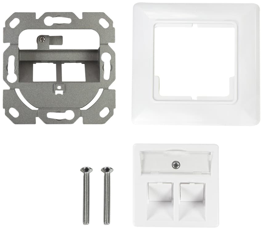LogiLink Keystone faceplate in pure white, featuring a metal mounting bracket, two module slots, and screws for installation, designed for German type connections.