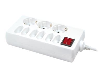 White power extension with 9 AC outlets, a red power switch, and a 1.5-meter cable, featuring a smooth plastic finish for durability and ease of use.