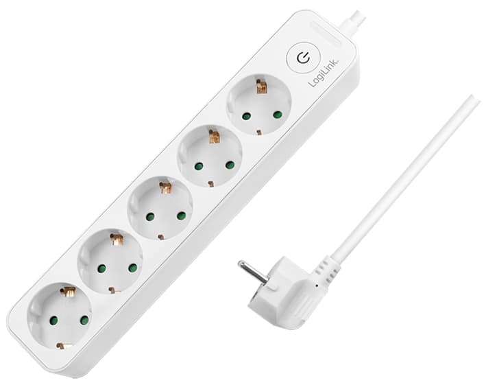 White power extension with 1.5 meters cable, featuring five AC outlets, green grounding pins, and a power button, designed for indoor use.