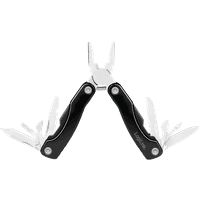 Black LogiLink multitool with pliers, knives, and screwdrivers, includes a matching black pouch.