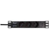 Black LogiLink PDU with 3 AC outlets, 1U rack mount design, and side mounting brackets.