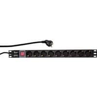 Black LogiLink PDU with 9 AC outlets, red power switch, and attached power cord.