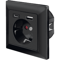 Black LogiLink wall outlet with 1 socket, USB-A port, and USB-C port, sleek square design.