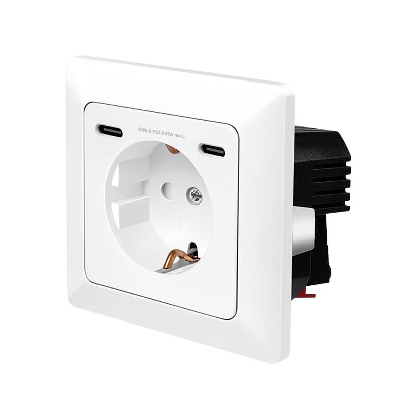 White wall outlet with a single socket and two USB-C ports, featuring a sleek design and 25W Power Delivery capability, made of durable plastic material.