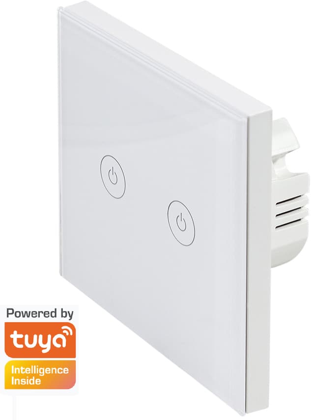 White LogiLink WiFi Smart Light Switch with two touch-sensitive buttons, featuring a sleek glass panel and Tuya compatibility for smart home integration.