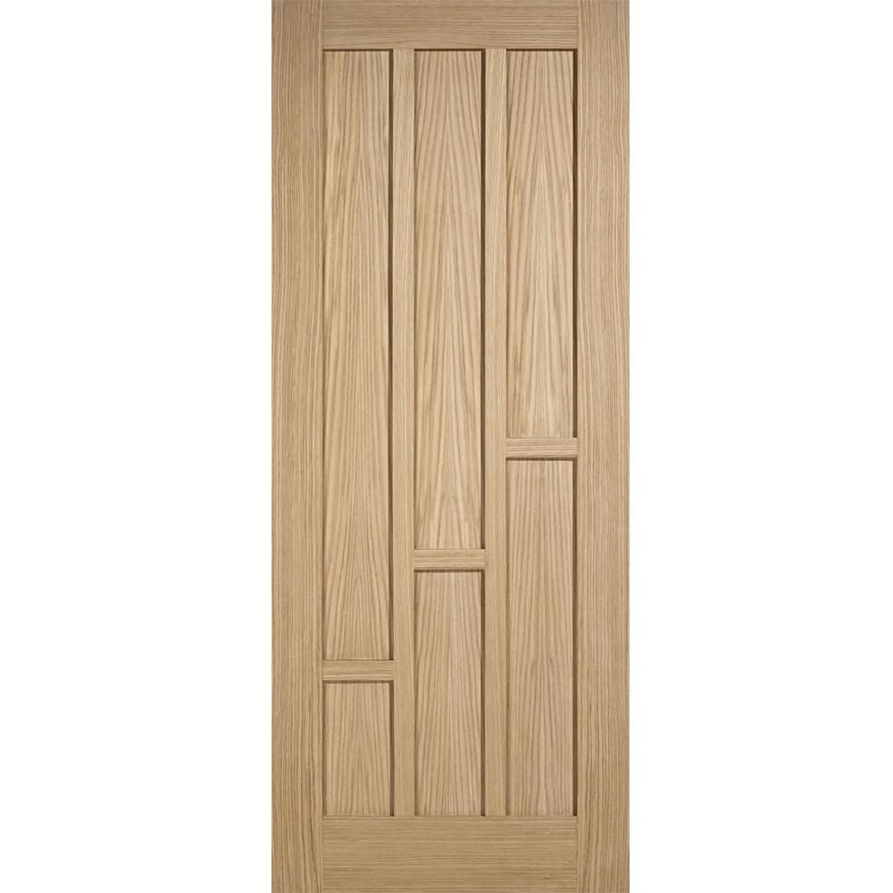Unfinished oak door featuring a vertical panel design with textured grain, measuring 1981 x 762 x 35mm, ideal for customization and interior use.