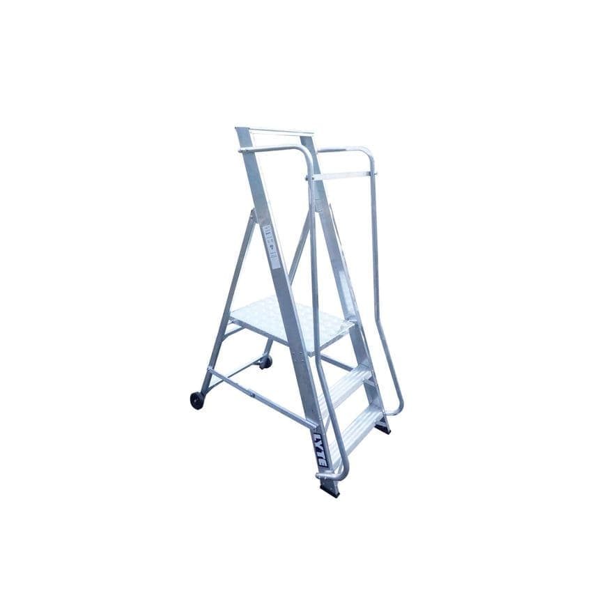 Aluminium 2-tread step ladder with a wide base, featuring a textured platform for grip, and equipped with wheels for easy mobility.
