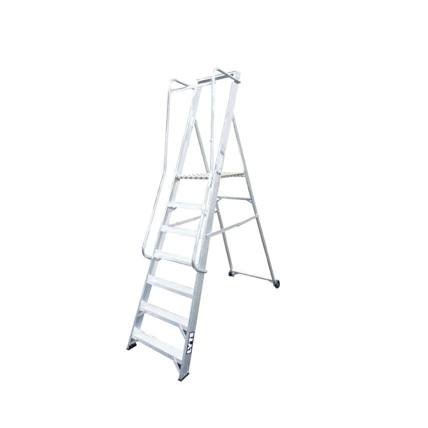 Aluminium 7-tread ladder with a wide step design, featuring a sturdy frame, non-slip steps, and a lightweight build for easy maneuverability.