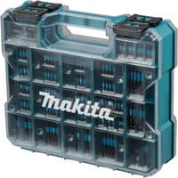 Makita 100 piece impact black screwdriver bit set in a clear plastic case with teal accents and a sturdy handle.