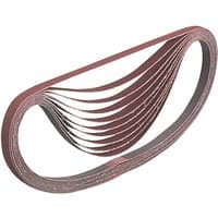 Pack of five brown Makita sanding belts, 13 x 533mm, looped and stacked together, textured abrasive surface.