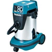 Makita 240V corded dust extractor, H-Class, 32L, teal and black with wheels and control panel on top.
