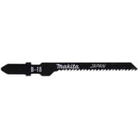 Black Makita B-18 T shank jigsaw blade with sharp curved teeth and "Makita Japan" text on the side.