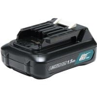 Black Makita BL1016 lithium-ion battery with 1.5Ah capacity, compact design, and blue label detailing.