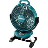 Makita DCF301 teal cordless fan with black grille, adjustable stand, and control panel on the base.