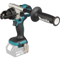 Makita DHP492 18v LXT cordless combi drill, teal and black, with side handle and metal chuck.
