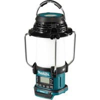 Makita DMR056 blue and black cordless DAB radio with integrated work light lantern and metal handle.
