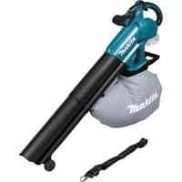 Makita DUB187 teal and black cordless blower with brushless motor, vacuum bag, and shoulder strap.