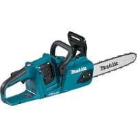 Makita DUC305 cordless chainsaw, teal body, black handle, 300mm blade, twin 18v LXT batteries, brushless motor.