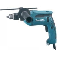 Blue Makita percussion drill with 13mm keyed chuck, side handle, and 680W motor, featuring a black grip and trigger.