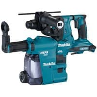Blue Makita rotary hammer with dual 18V slots, dust collection system, ergonomic handle, and black accents.