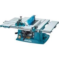 Blue Makita table saw with silver 260mm blade, adjustable fence, and 110V power switch.