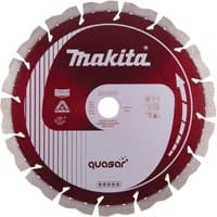 Red Makita Quasar Stealth diamond cutting disc with segmented edges and white branding details.