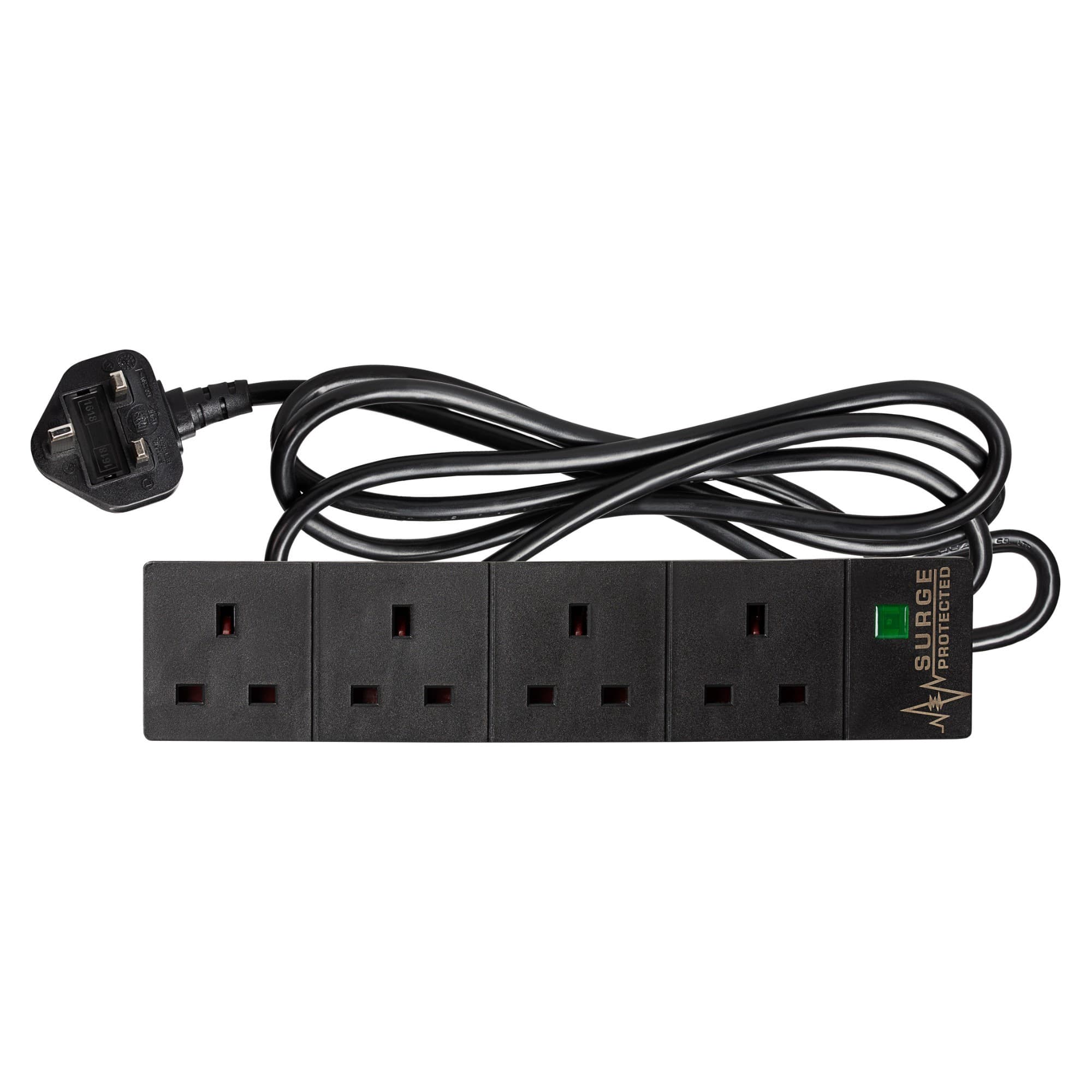 Black 4-socket extension lead with surge protection, 13A rating, featuring a neon indicator, and a flexible black cable.