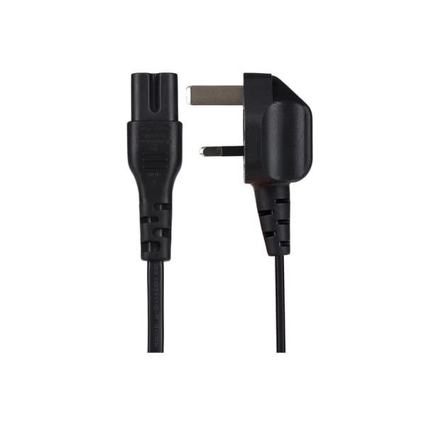 Black 2m power lead with a C7 Fig 8 2-pin plug on one end and a UK 3-pin plug on the other, rated for 10 amps, featuring durable plastic connectors.