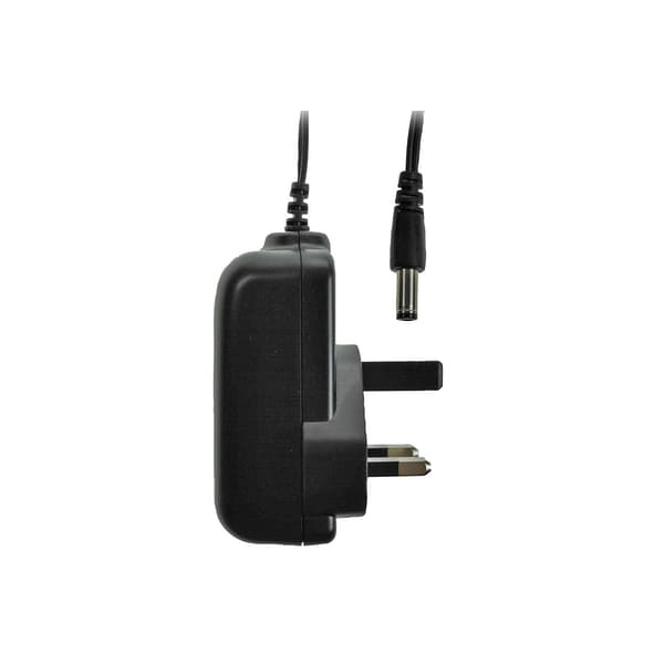 Black plastic switching power supply with a UK plug, featuring a 12V DC output and a 5.5 x 2.1 mm connector, designed for 1 Amp and 12W power delivery.