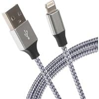 Silver braided USB-A to Lightning cable, 1m length, with durable connectors, 12W power capacity.