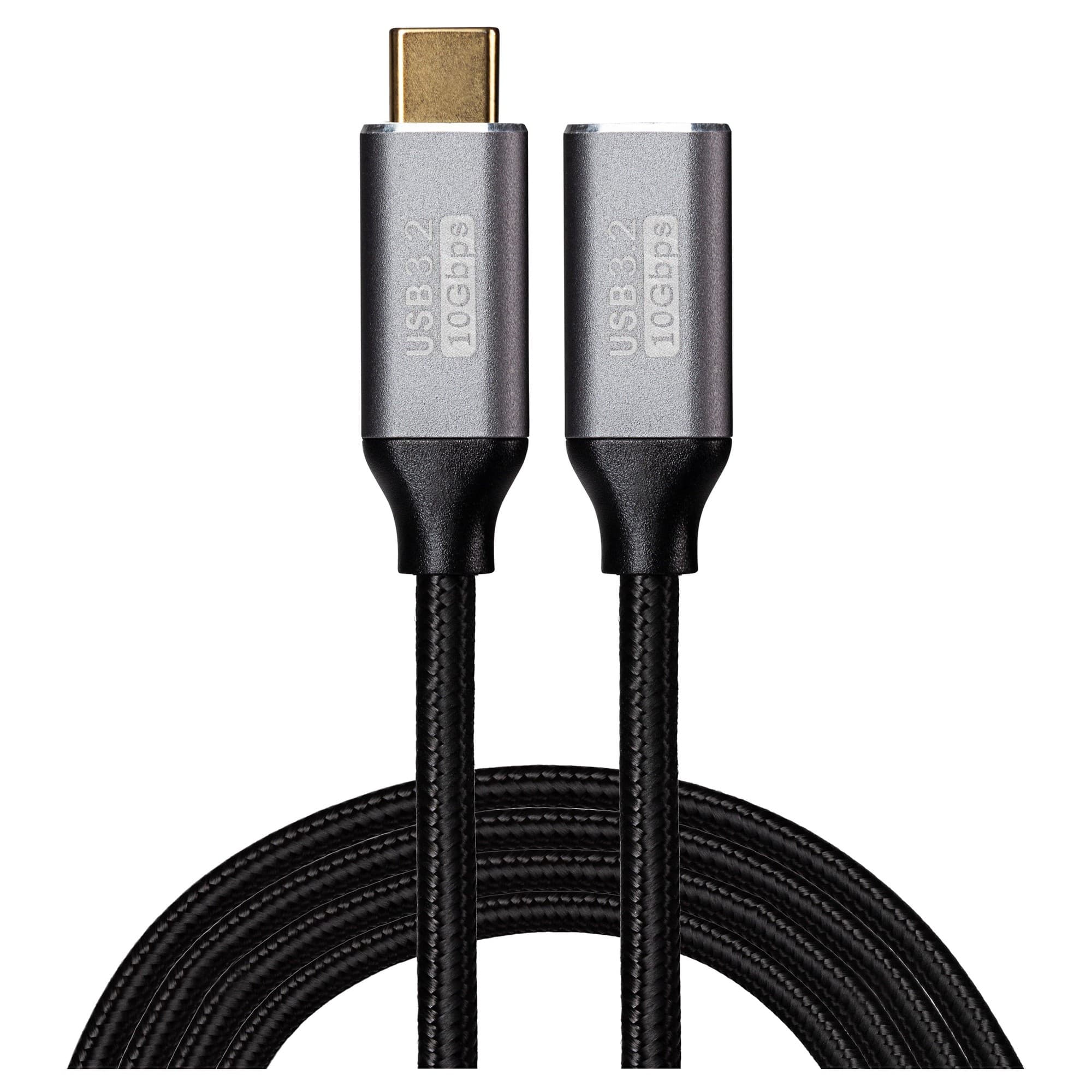Black braided USB-C male to USB-C female extension cable, featuring a durable design and 100W power delivery capability, with metallic connectors on both ends.