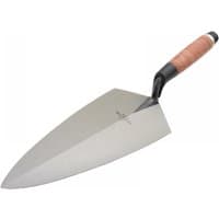 Marshalltown 19L Philadelphia brick trowel with 12-inch steel blade and leather handle.