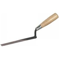 Marshalltown tuck pointer with wooden handle, 7/8 inch steel blade, and angled neck.