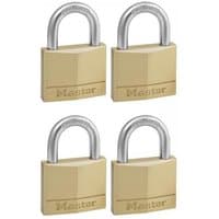 Set of four brass Master Lock padlocks with silver shackle, rectangular body, and engraved logo.
