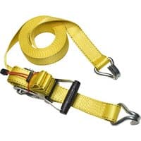 Yellow Master Lock ratchet tie-down with metal J-hooks, 8.25M length, black handle, and tensioning mechanism.