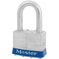 Laminated steel padlock with 38mm shackle, silver body, blue base, and "Master" logo, 4-pin keyed alike design.