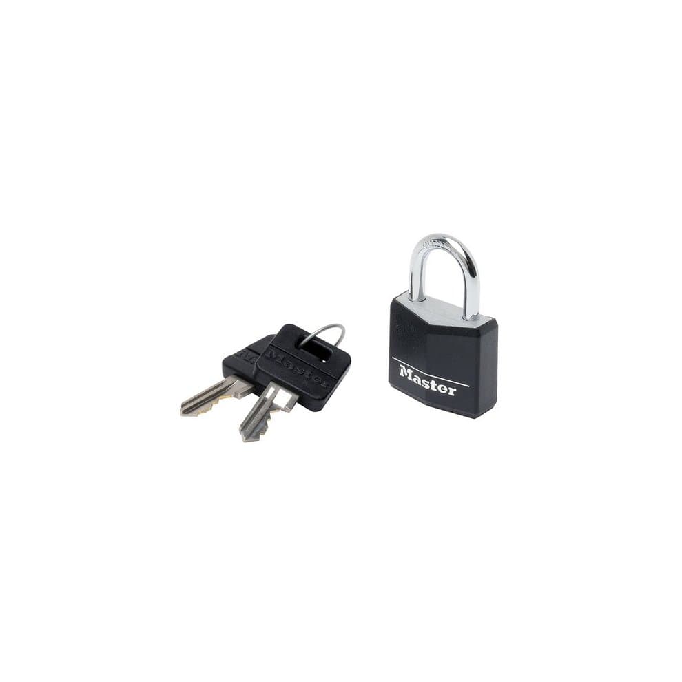 Black 30mm aluminum vinyl padlock with a shiny silver shackle, accompanied by two keys featuring a black plastic head and "Master" branding.