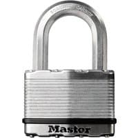 Laminated steel padlock with 50mm body, 25mm shackle, and black Master Lock branding on the bottom.