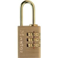 Brass finish Masterlock combination padlock with three-digit dials and engraved logo on rectangular body.