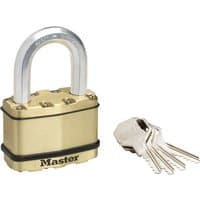 Brass finish Masterlock Excell padlock with silver shackle, black accents, and four silver keys.