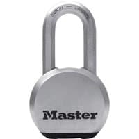 Chrome plated Masterlock Excell padlock with round body, hardened steel shackle, and black Masterlock logo.