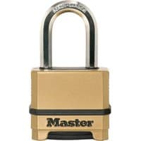 Gold Masterlock Excell combination padlock with black dial and silver shackle.