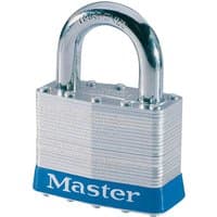 Laminated steel padlock with chrome shackle and blue base featuring "Master" branding.