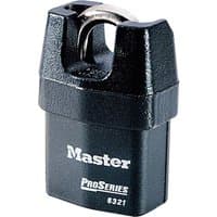 Black Masterlock Pro Series padlock with closed shackle and silver Master logo on the front.