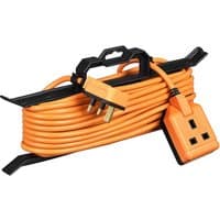 Orange Masterplug garden extension lead 240v with black handle, UK plug, and socket on a cable reel.