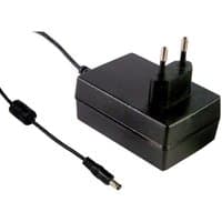 Black MEAN WELL GST25E24-P1J power adapter with EU plug, rectangular shape, attached cable with cylindrical connector